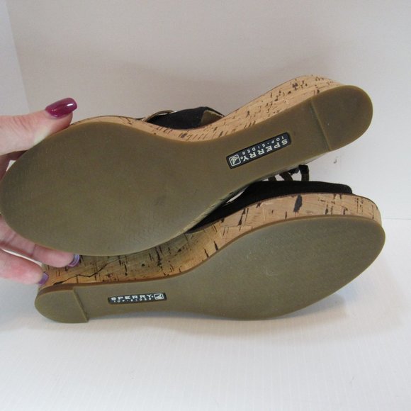 Sperry Black Wedge Sling Back Peep Toe Heels Sandals - Picture 7 of 10